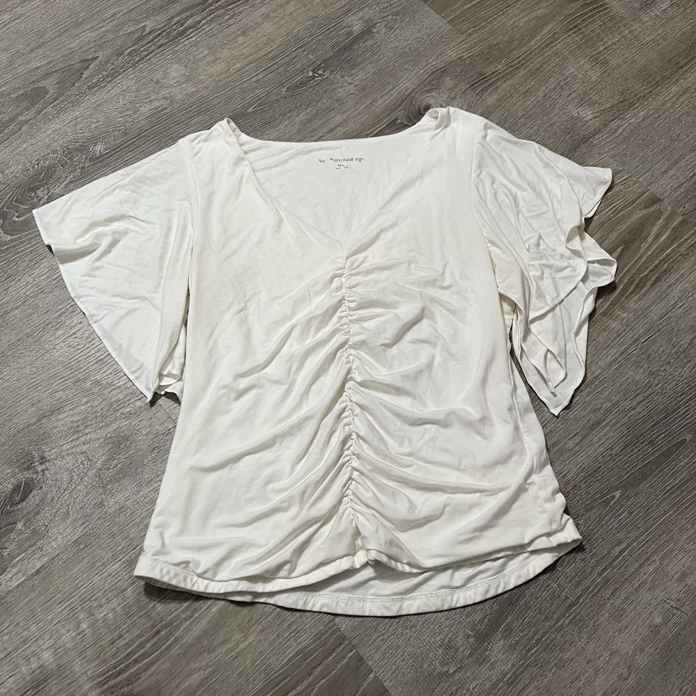 Soft Surroundings Shirt Womens M White Ruched‎ V-Neck Flutter Sleeve Modal Top